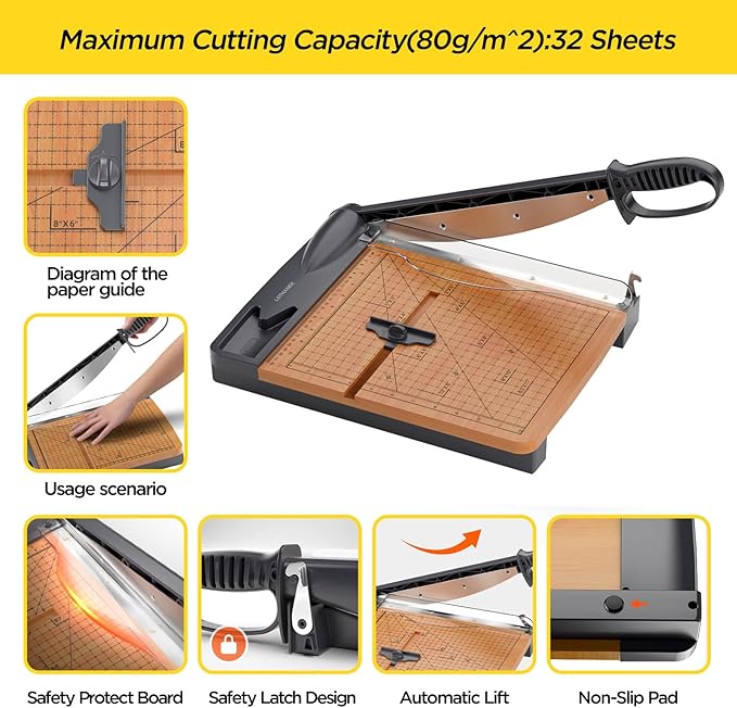 12'' Wood Guillotine Paper Cutter, Heavy Duty Wood Base Paper Trimmer - Image 3