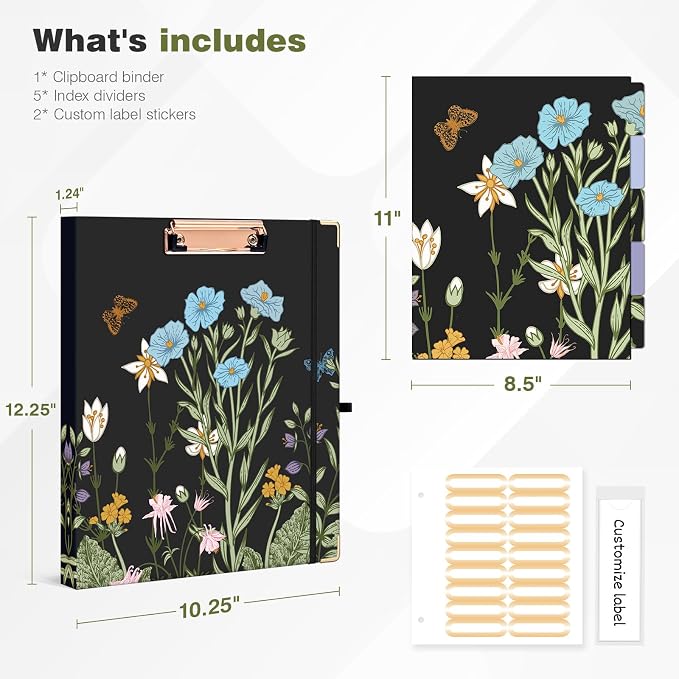 Ospelelf 3 Ring Binder 1/2 Inch, Floral Round Ring Clipboard Thin Binder - Image 3