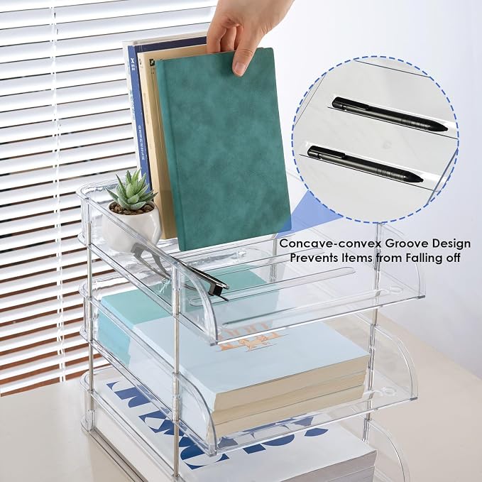 Desk Organizers and Storage, 3 Tier Clear Heightened Stackable Paper Tray - Image 4