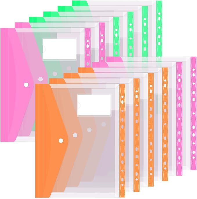Colorlife Binder Pocket 12 Pack Plastic Envelopes Binder Folders 11 Holes by WELCOME