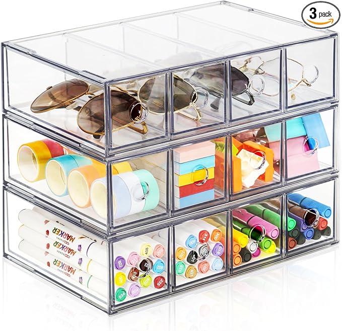 Desk Organizer with 12 Drawers, FODIENS 3 Packs Stackable Desktop Storage Box by FODIENS