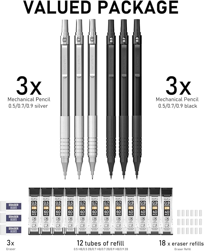 Nicpro 0.5 & 0.7 & 0.9 mm Metal Mechanical Pencil Set - Image 7