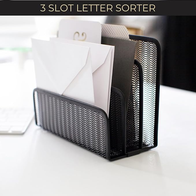 BLU MONACO Black Metal Mesh Letter Sorter | 3-Slot Mail Organizer - Image 4