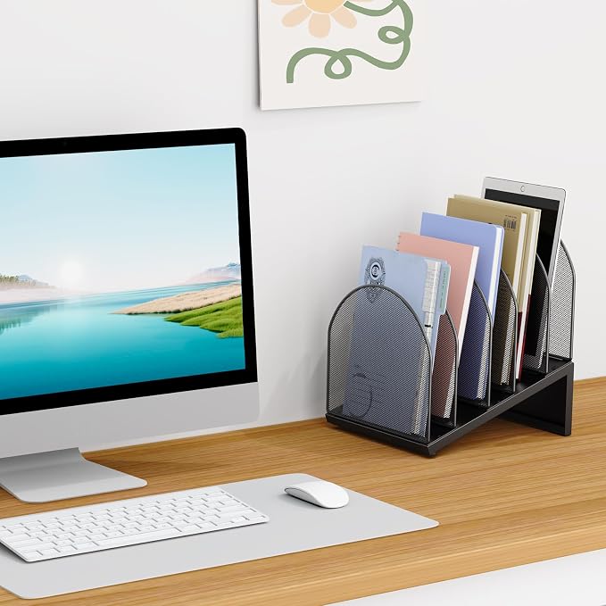 5-Section Desk File Organizer, Metal Mesh Folder Organizer - Image 3