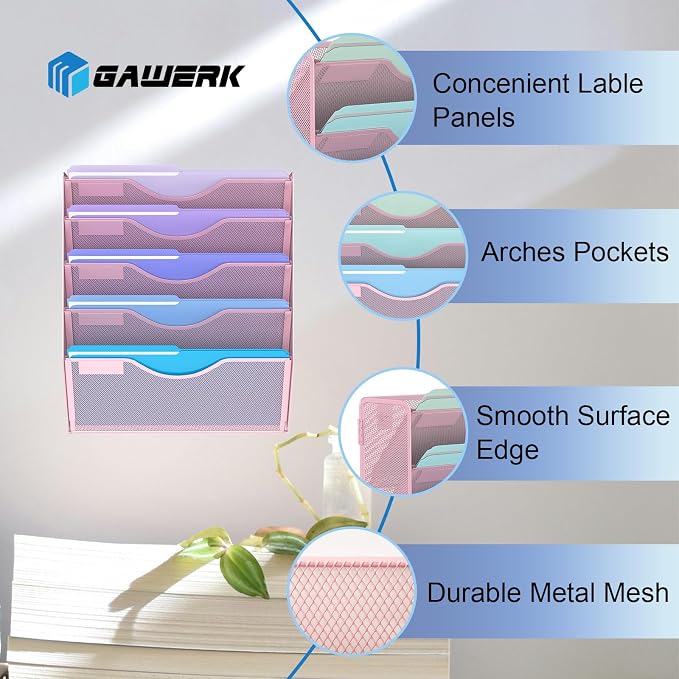 Gawerk 5 Tier Hanging Wall File Organizer, Mesh Mail Paper Orgnization Hanging - Image 3