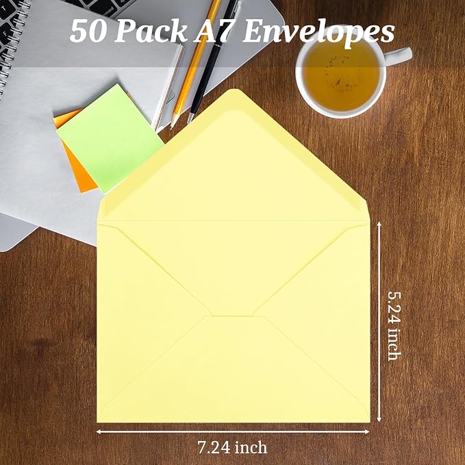 50 Pack A7 Envelopes, Light Yellow Greeting Card Envelopes Self Seal, 5.24 x - Image 2