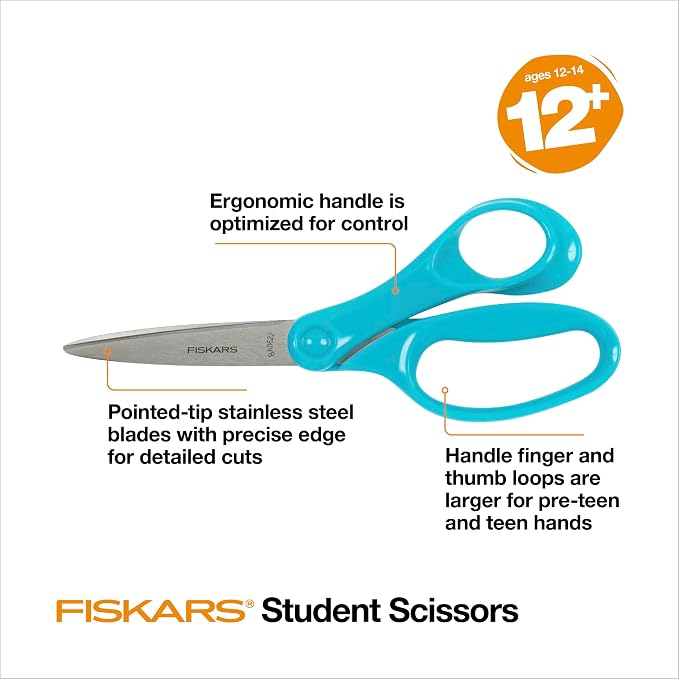 Fiskars 7" Student Scissors for Kids Ages 12-14, Scissors for School or Crafting - Image 3