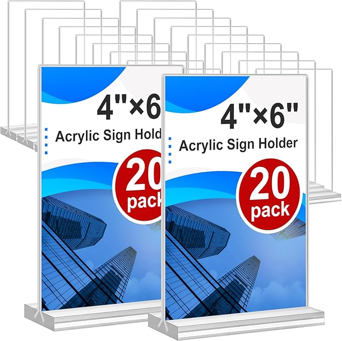 Acrylic Sign Holder 4x6, 20 Pack Clear Table Vertical Double Sided Table Menu by Arrobust
