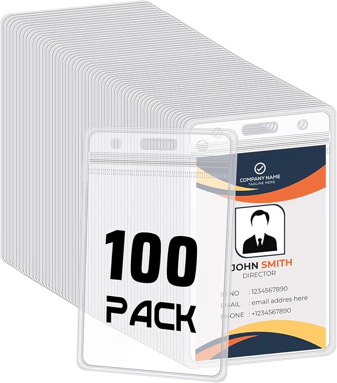 100 Pack Vertical ID Badge Holders Clear Plastic Waterproof Card Holder by BESARME