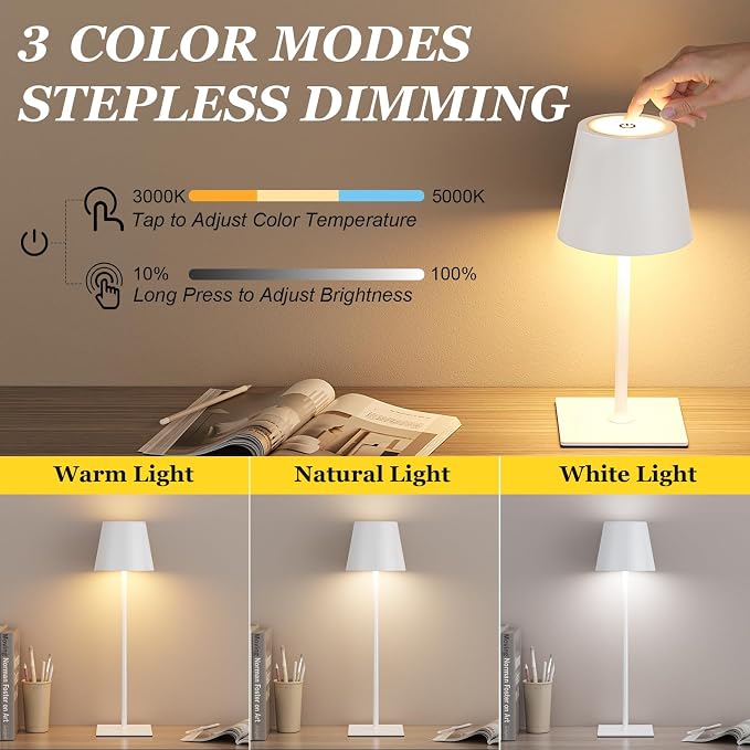 Kakanuo White Gold Cordless Rechargeable Table Lamp 5000mAh Battery Operated - Image 2