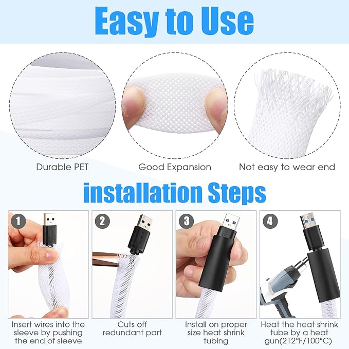 Tatuo 65.6 ft Expandable Braided Cable Sleeve Multi Size Braided Wire Sleeve - Image 3