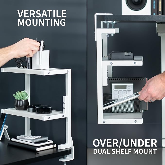 VIVO White Clamp-on 13 inch 2-Tier Desk Shelf, STAND-SHELF2CW | Above or Below - Image 4