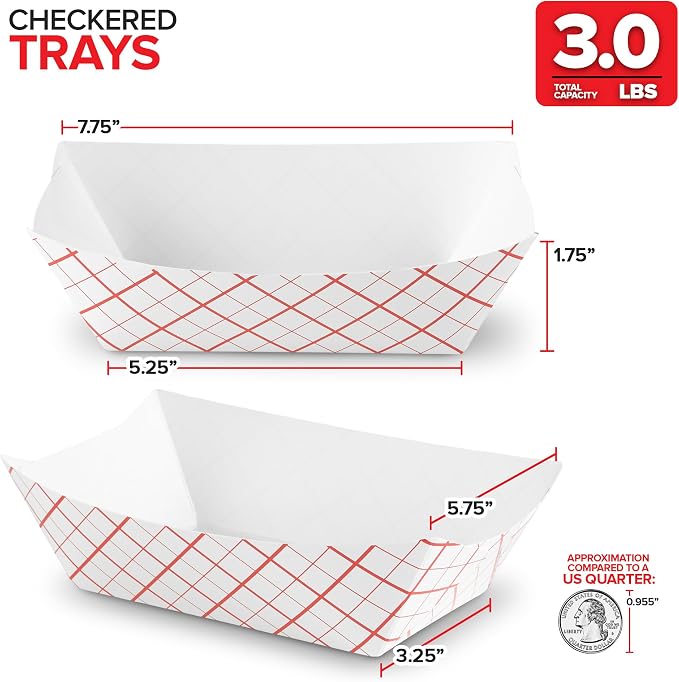 100-Pack 3 lb Paper Food Trays – Red & White Checkered Disposable Paper Food - Image 3