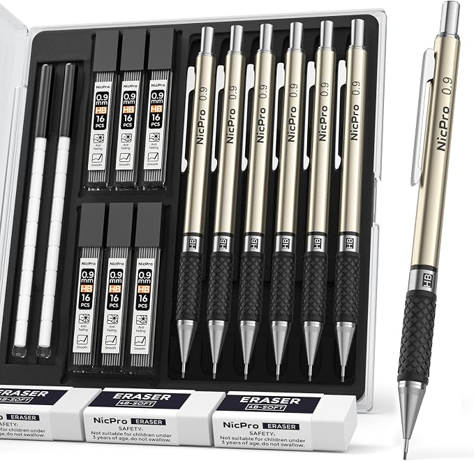 Nicpro 0.9 mm Art Mechanical Pencils Set in Case, 3 Erasers by Nicpro