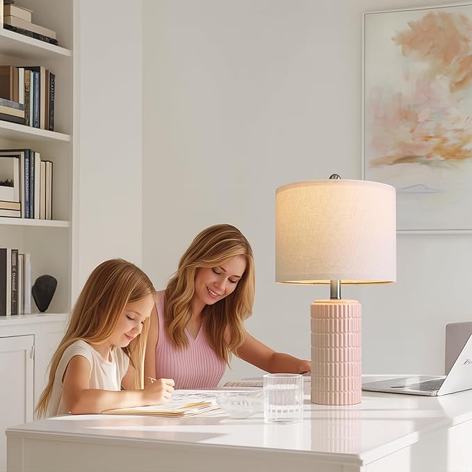 PoKat 20.75" Pink Ceramic Table Lamps Set of 2, Small Modern Bedroom Lamps - Image 3