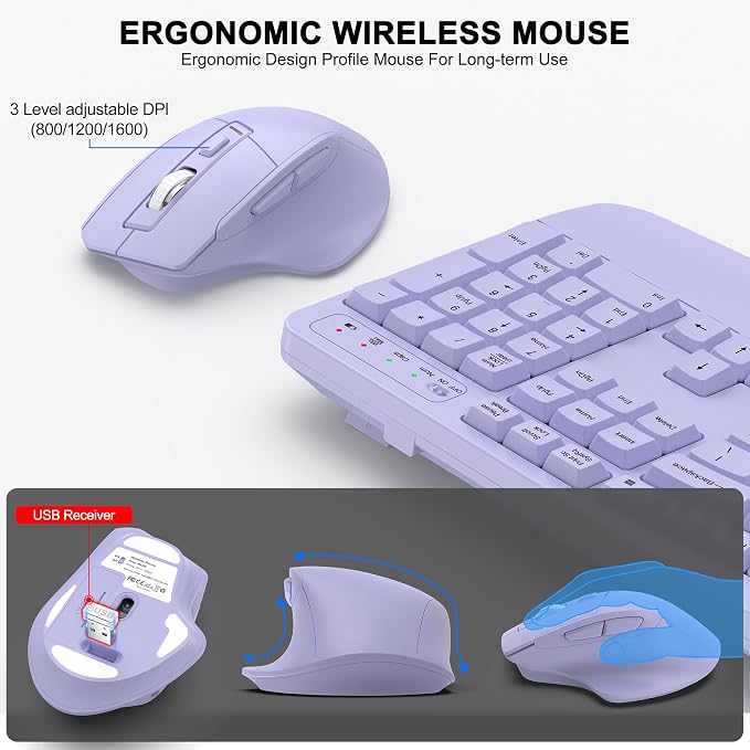 Wireless Keyboard and Mouse Combo, 2.4G Full Size Wave Keys Ergonomic Keyboard - Image 4
