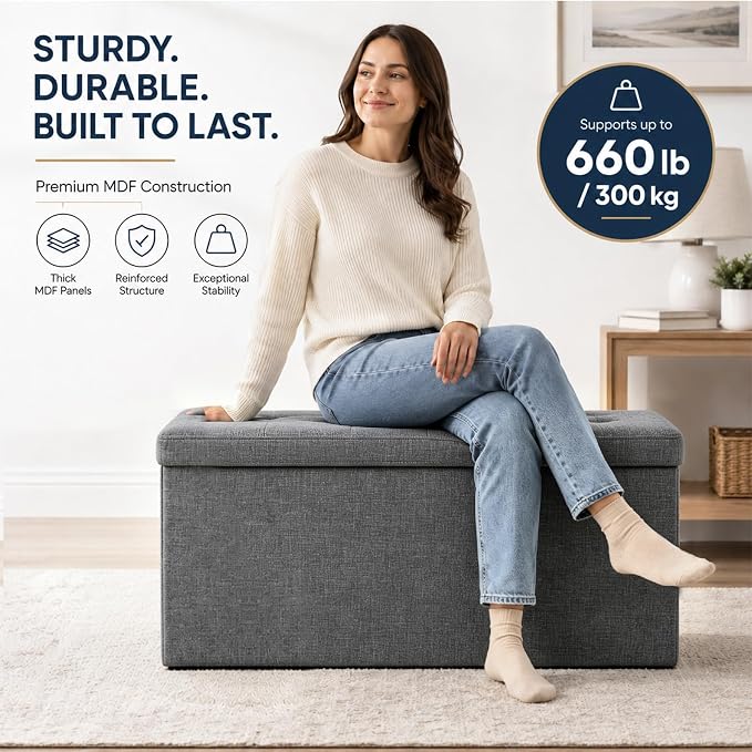 ALASDO 30 Inch Folding Storage Ottoman Bench - Image 3