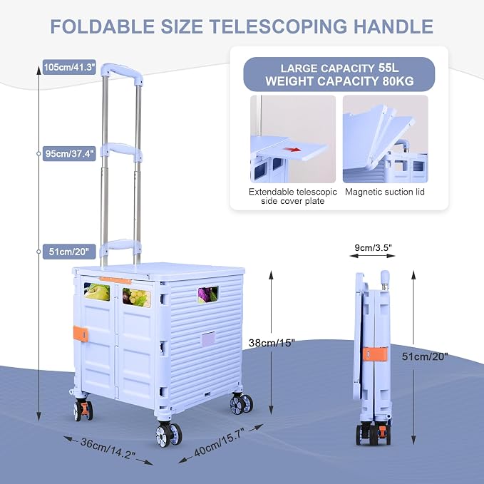 FELICON SELORSS Folding Utility Cart Portable Rolling Crate Handcart-Blue | - Image 4