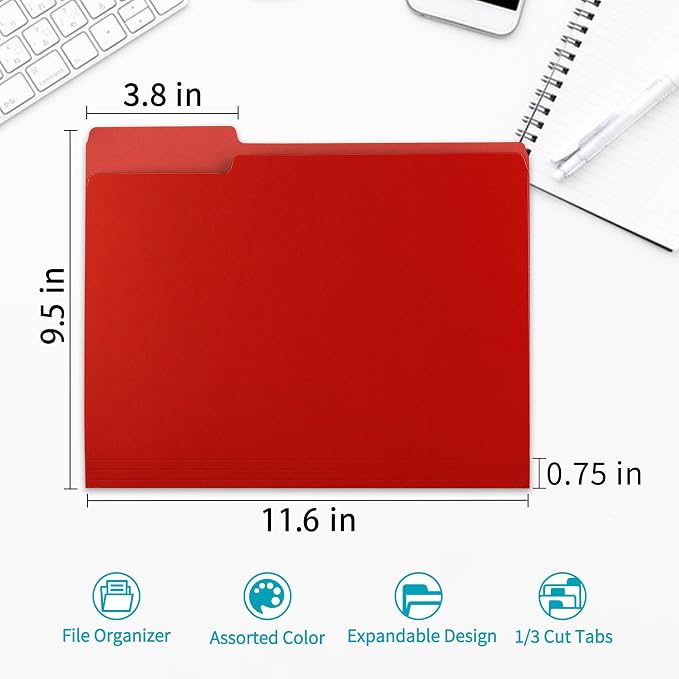 Two-Tone File Folder 8.5 x 11 Inch, 100 Pack Red File Folders, 1/3 Cut Tabs - Image 2