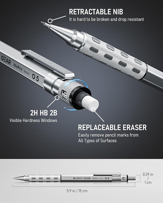 Nicpro Blocky Gear 0.5 mm & 0.7 mm Mechanical Pencils Set in Case, Metal Pencil - Image 7
