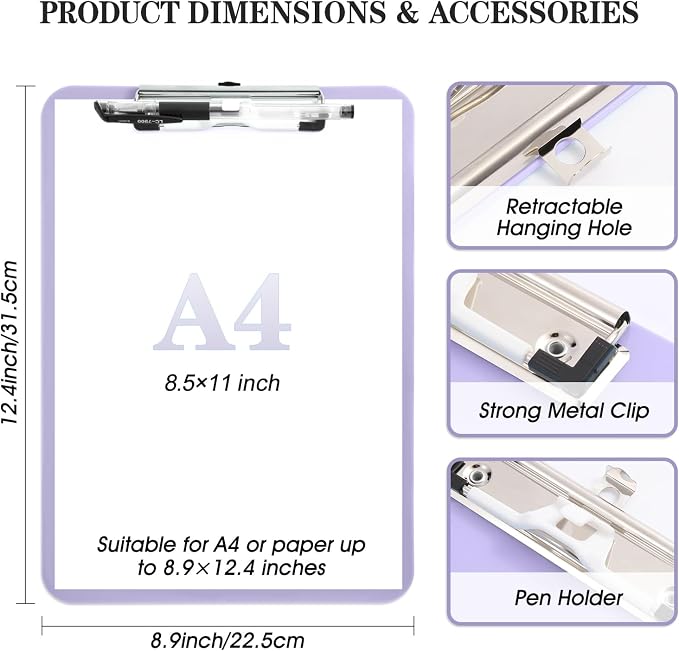 Purple Clipboard with Pen Holder, Standard A4 Letter Size, Nursing Clip Boards - Image 3