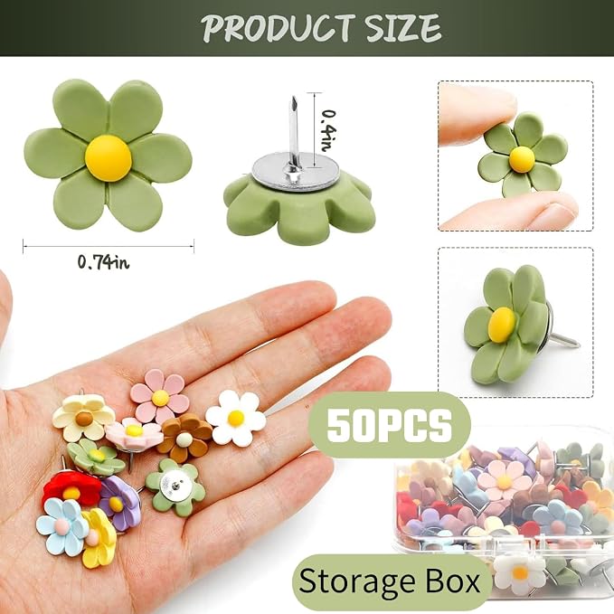 50 Pcs Flower Push Pins Cute Decorative Colorful Floral Thumb Tacks, Flower - Image 2