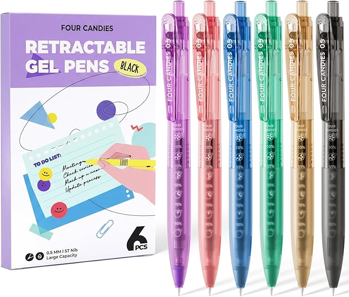 Four Candies 6Pack 0.5mm Black Ink Quick Dry Retractable Gel Pen Set, Cute by FourCandies