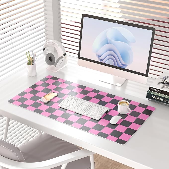 Colorful Star Large Black and Pink Mouse Pad, Plaid Waterproof Office Desk Mat - Image 2