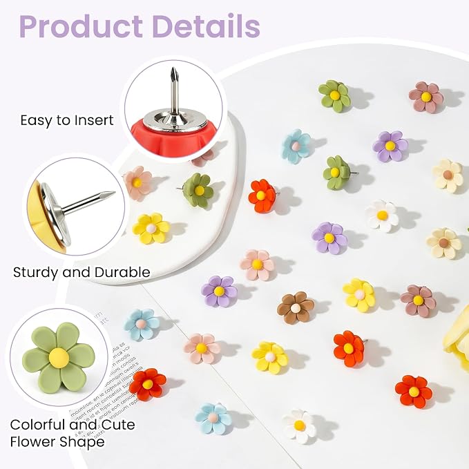 60 Pcs Flower Push Pins Cute Push Pins Colorful Decorative Thumb Tacks Floral - Image 3