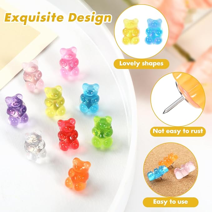 36 Pieces 9 Colors Fun Push Pins, Cute Bears Push Pins, Decorative Thumb Tacks - Image 3