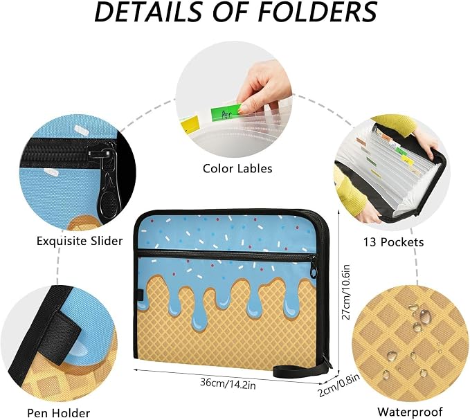 Expanding File Folder Blue Ice Cream Drip Accordion File Organizer 13 Pockets - Image 4