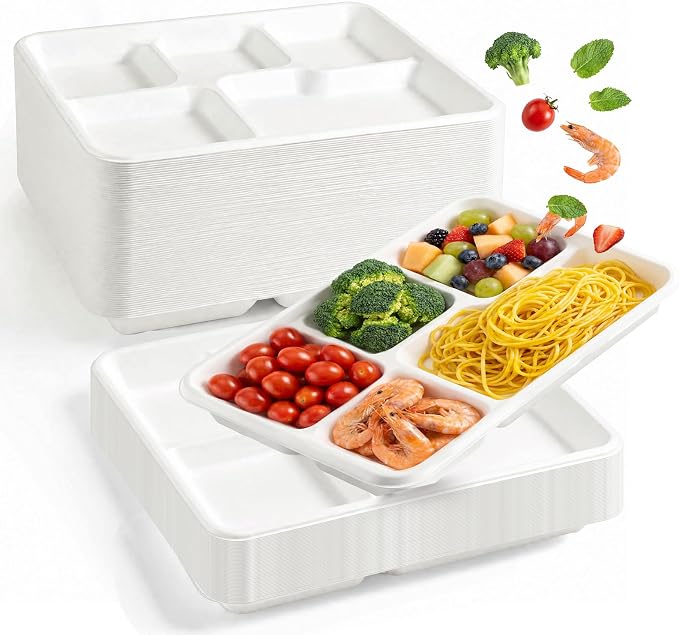 75Pack Compostable 5 Compartment Plates 10.25x8.25 inch Divided Paper Food Trays by VEIZEDD