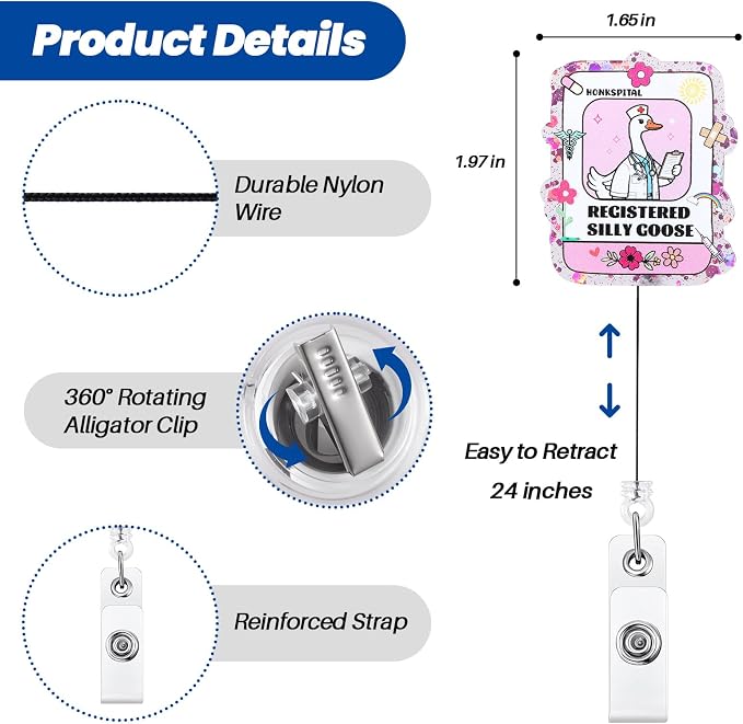 Registered Silly Goose Funny Nurse Badge Reel, Cute Pink Acrylic Retractable ID - Image 3