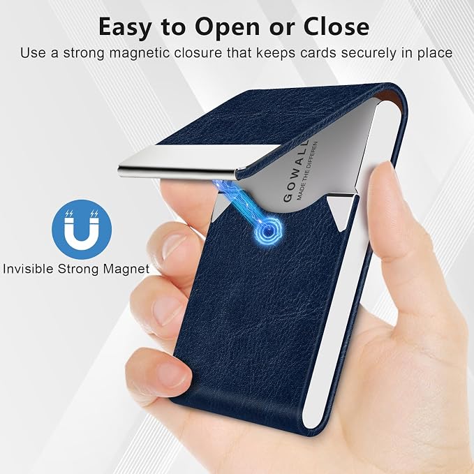 Business Card Holder with Magnetic Closure, Slim Metal PU Business Card Case - Image 2