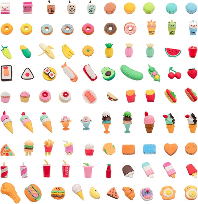 90Pcs 3D Food Erasers for Kids, All are Food Styles, Random Desktop Pets Toys by CLOCKKING