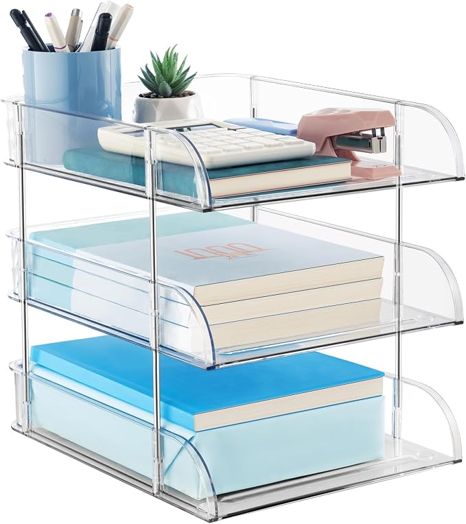 Desk Organizers and Storage, 3 Tier Clear Heightened Stackable Paper Tray by Noger
