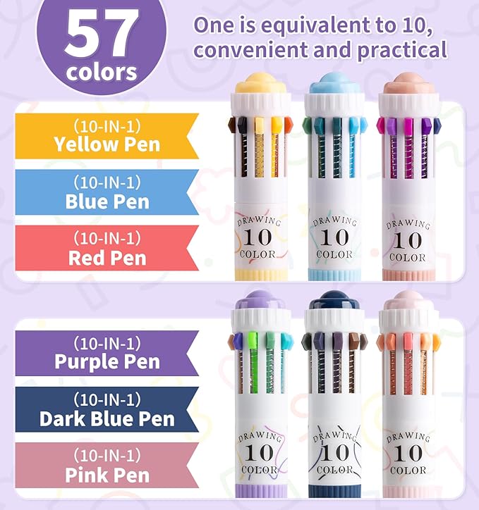 6 Pack Multicolor Pens, 10-in-1 Colored Ballpoint Pen, 57 Colors, 0.8mm Fine - Image 3