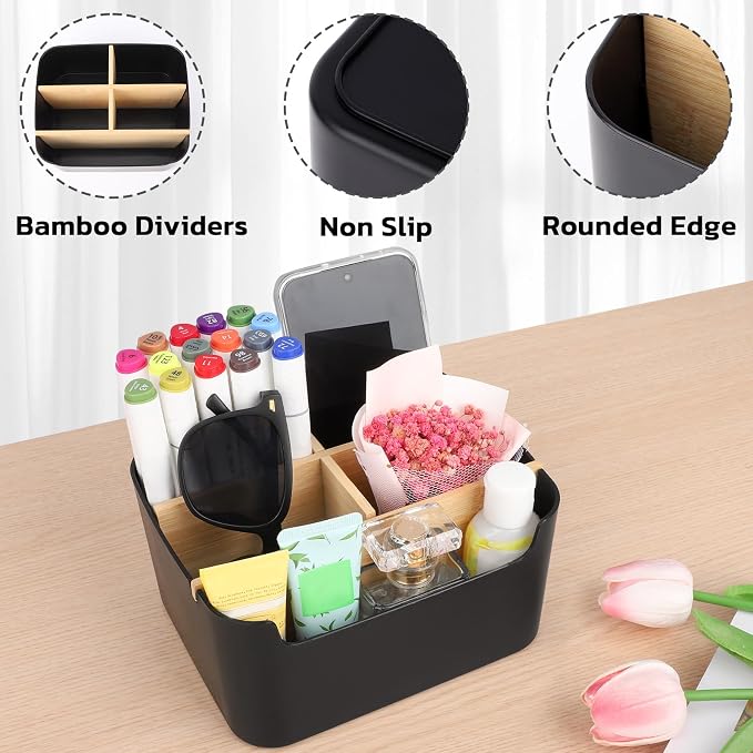 Segarty Black Desktop Organizer, Detachable Bamboo Remote Control Holder - Image 4