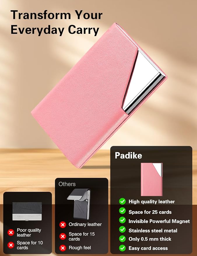 Padike Business Card Holder, PU Leather & Stainless Steel Multi Card Case - Image 2