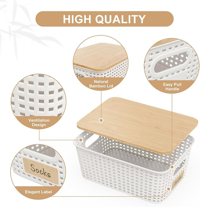 6Pcs Storage Bins with Lids, Stackable Plastic Storage Basket with Bamboo Lid - Image 3