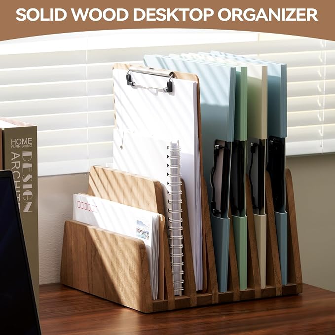 KIRIGEN Wooden Desk Mail Organizer, 7-Slot File Holder and Letter Sorter Wood - Image 2