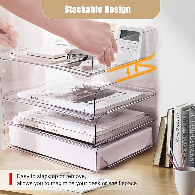 Clear Stackable Paper Trays 4 Pack, PET Letter Tray Desk Organizer, Desktop - Image 2