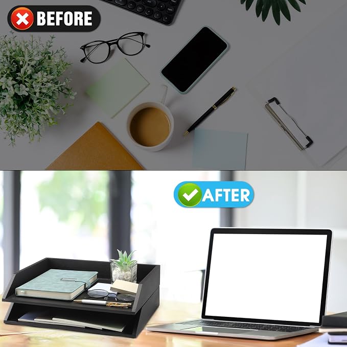 Beeveer 2 Pcs Black Wood Letter Tray Wooden Desk Paper Organizer 2 Tier - Image 5