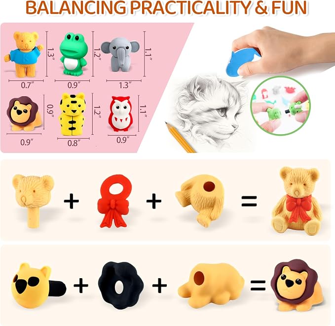 URSKYTOUS 60Pcs Animal Erasers Kids Desk Pets Pencil Erasers 3D Puzzle Bulk - Image 7