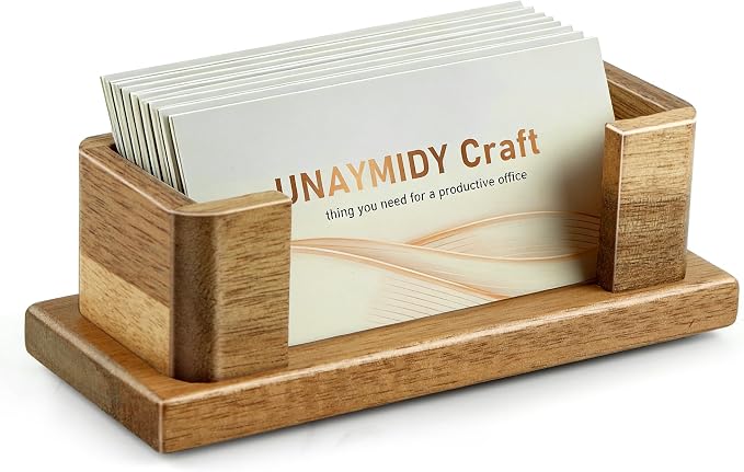 Business Card Holder for Desk, Acacia Wood Desktop Name Card Display Stand & by UNAYMIDY