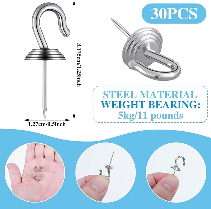 Hotop 30 Pieces Push Pin Wall Hooks Metal Thumb Tack Hangers Iron Alloy Nail - Image 2