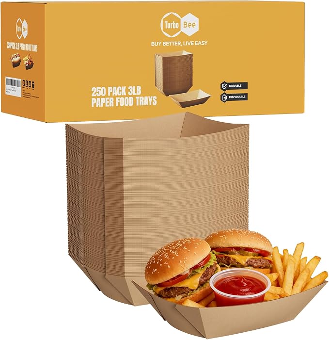 Disposable Paper Food Trays 3lb, 250 Pack Large Brown Paper Boats by TurboBee