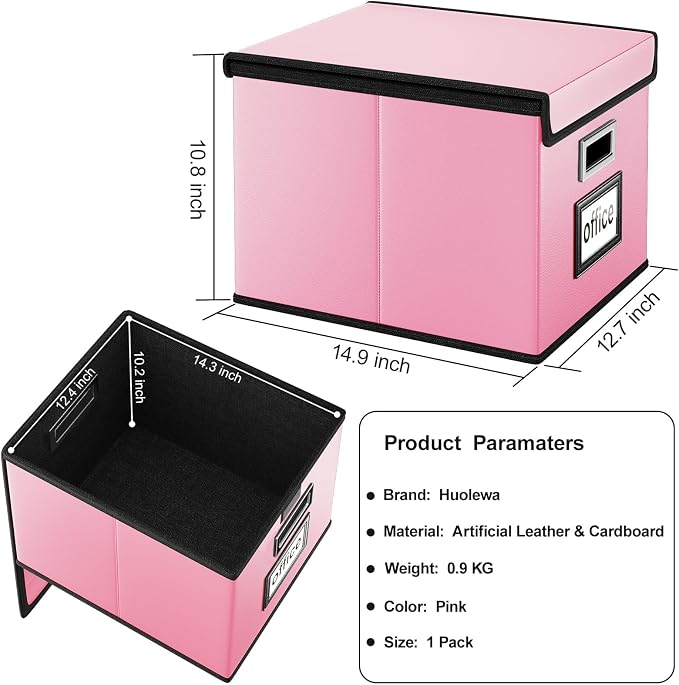 File Organizer Box with Lid, Collapsible Leather File Folder Organizer - Image 6