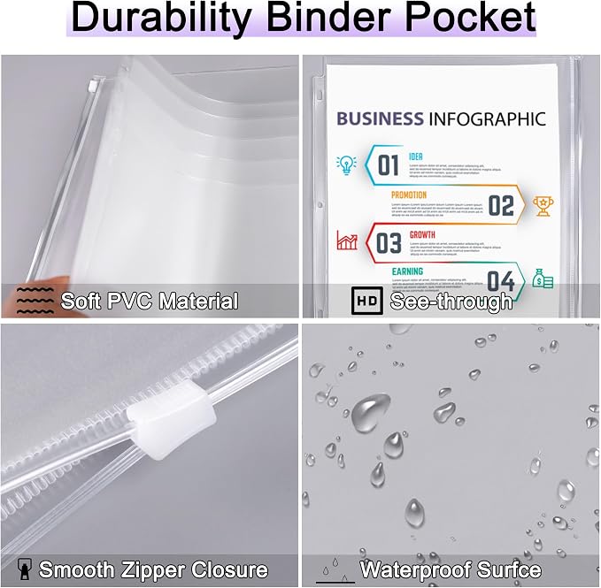 Antner 12 Pack Letter Size Binder Pockets 3 Holes Zipper Binder Folders - Image 3