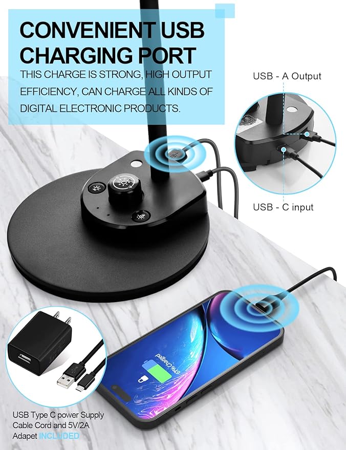 BOHON LED Desk Lamp with USB Charging Port 3 Color Modes Dimmable, AC Adapter - Image 4